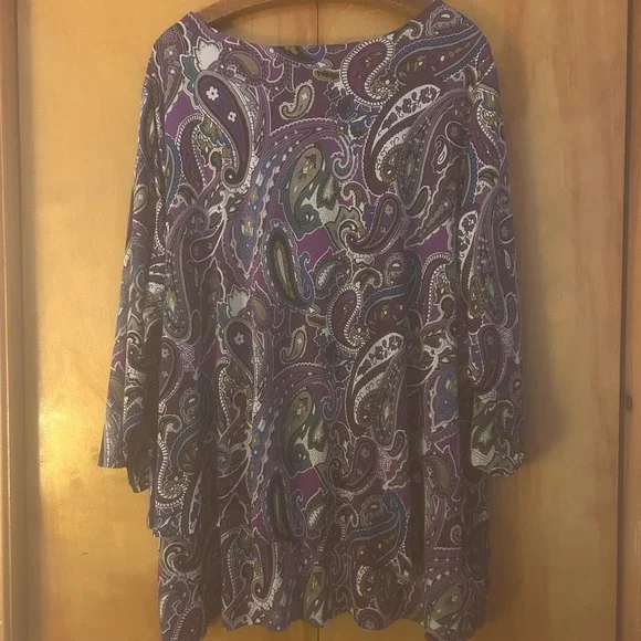 Susan Graver Top Size 3X Purple Paisley Print Tunic Artsy Liquid Knit Office - Picture 4 of 9
